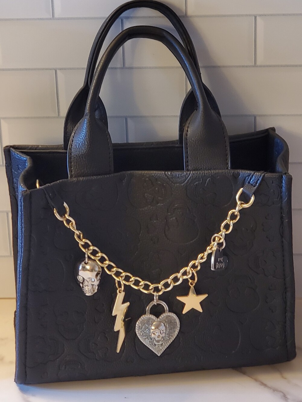 Betsey Johnson Skull Crossbody Satchel Purse Embossed Black with Charms
